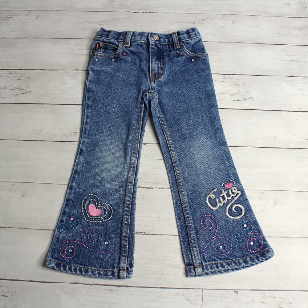 Vintage Bongo Denim Blue Jeans Girl's Size 3T Embroidered Floral Flare